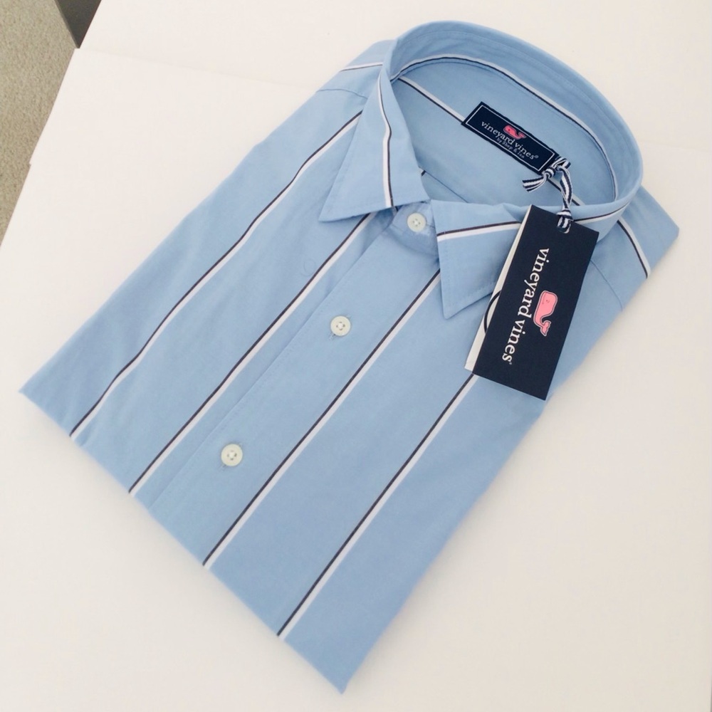 Men’s Vineyard Vines Shirt Stretch Poplin Striped Long Sleeve NEW In Pack Blue